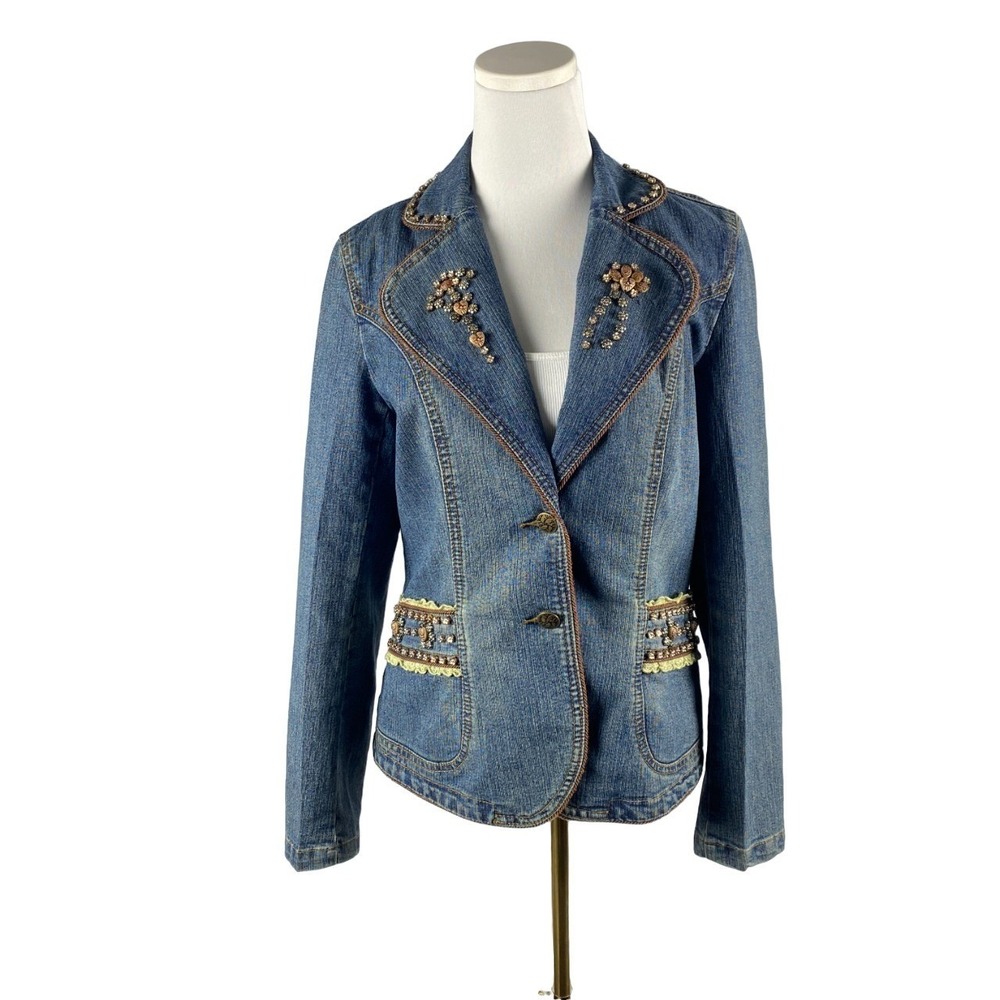 Embellished Denim Blazer‎ Jacket Womens 8 Lace Bead Notched Lapel Boho Western